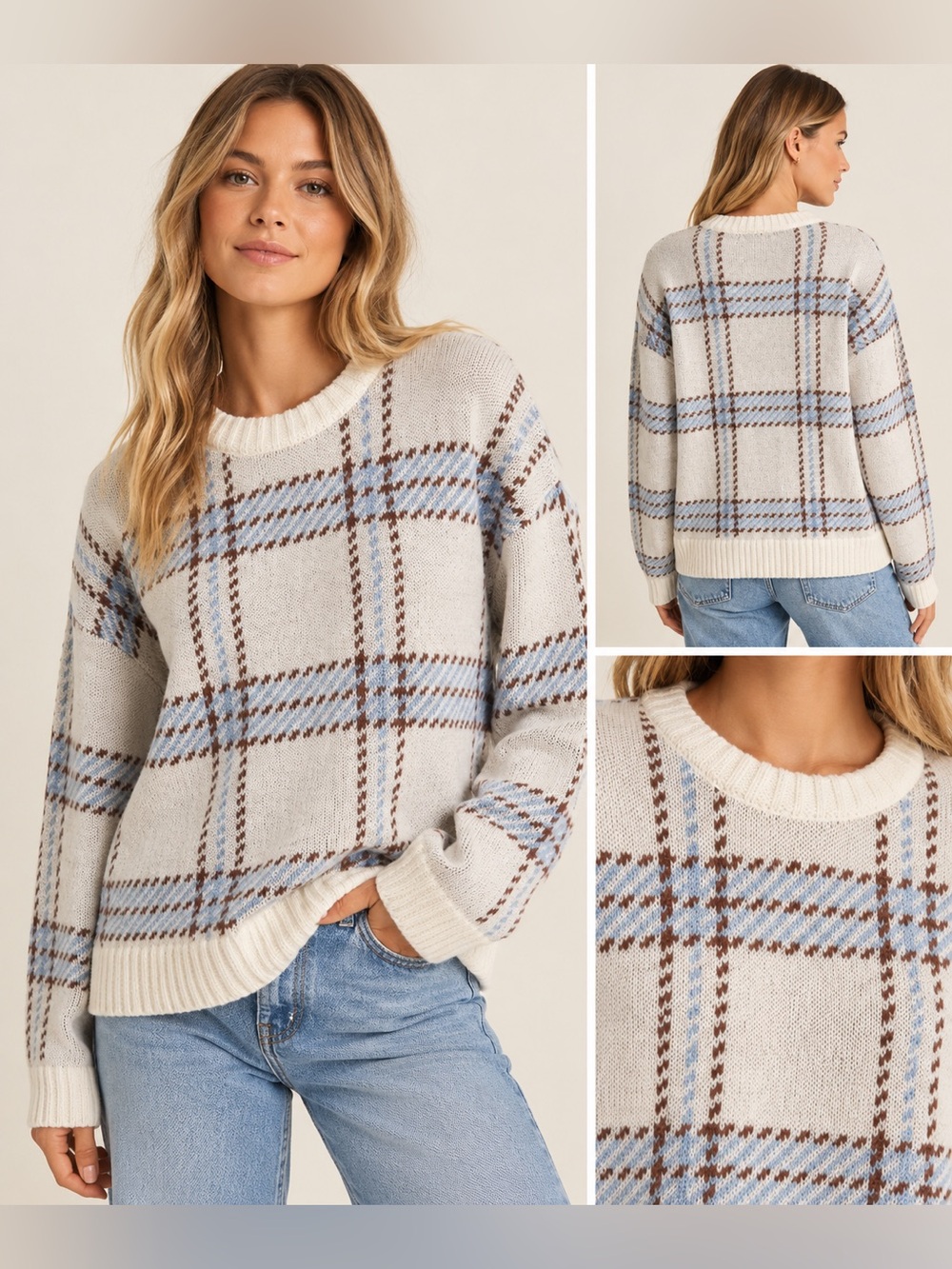 Z Supply Plaid Windowpane Crewneck Sweater Ivory Blue Brown S